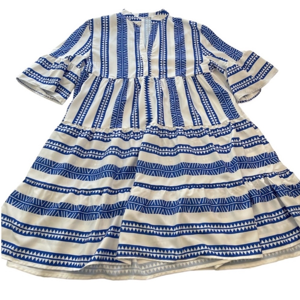 Baby Doll Mini Dress Geometric V-Neck Striped Blue & White Women’s Size Large - Picture 4 of 14